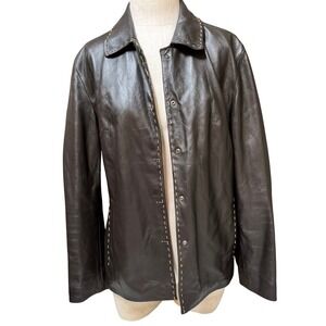Caslon Womens Brown Leather Snap Front Whipstitch Detail Jacket Size Large
